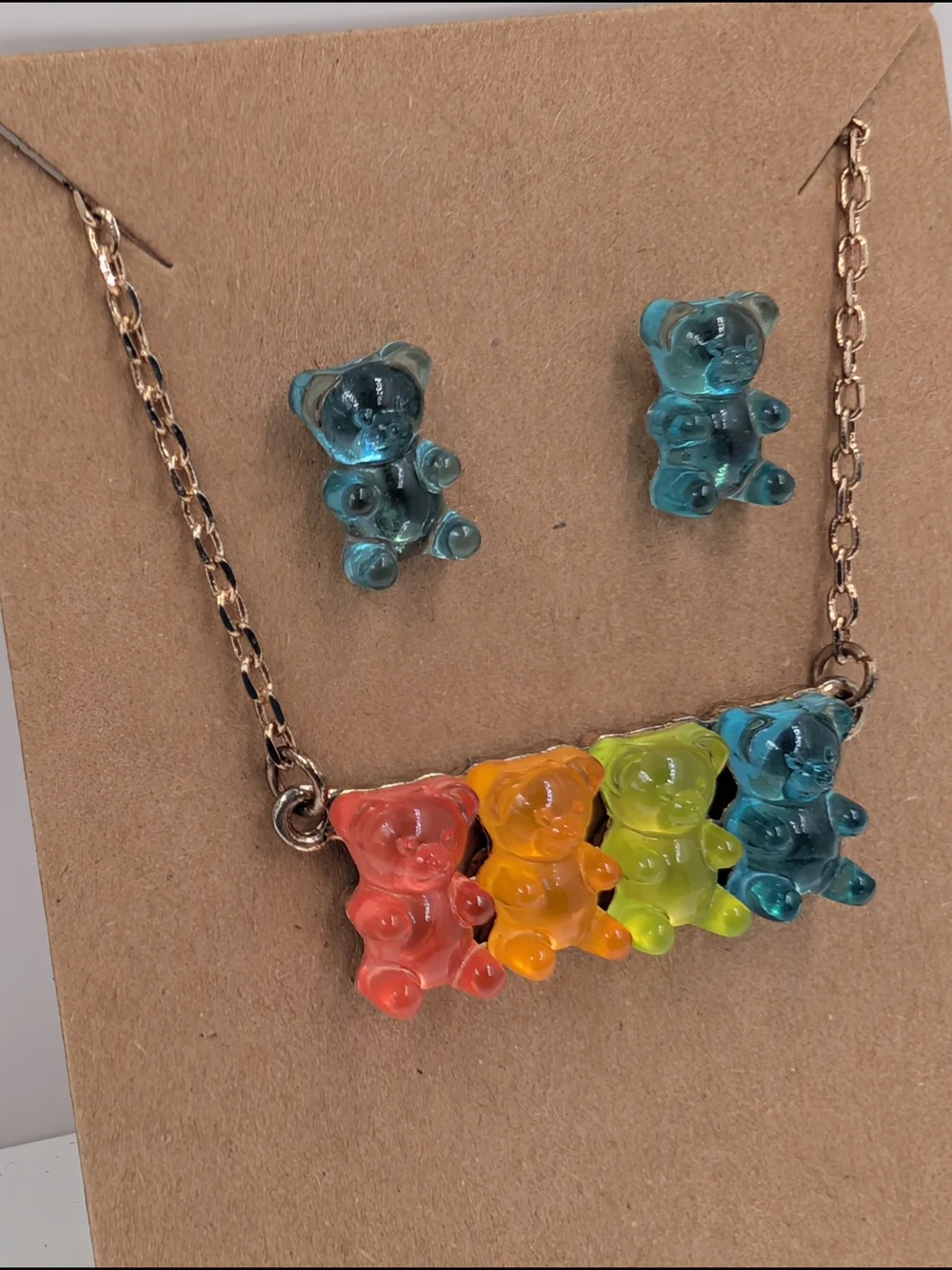 Betsey Johnson Multicolor Gummy Bear Pendant Necklace with Teal Studs 0102